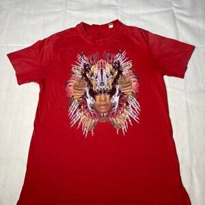 Red t-shirt bold Aztec-themed graphic design short sleeve